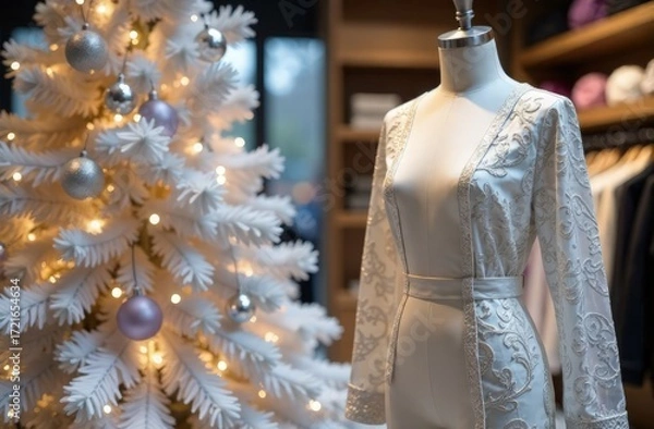 Fototapeta The fabric boutique is decorated in a Christmas theme. In the foreground are a Christmas tree and a mannequin in a dress. In the blurred background are shelves filled with rolls of fabric