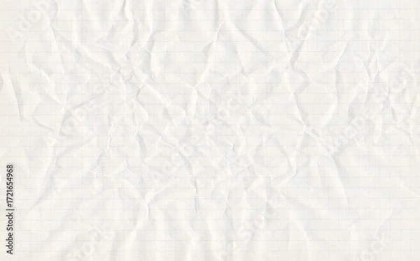 Fototapeta Crumpled checkered sheet of paper from a notebook. Square geometric design elements. Grunge paper background with scratches.