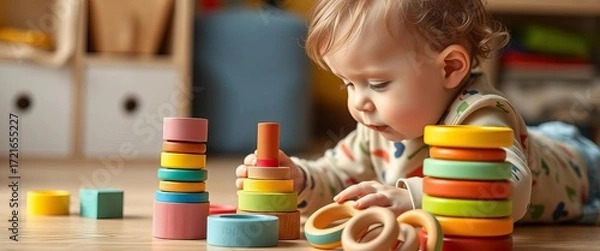 Fototapeta Adorable infant interacting with colorful wooden blocks and stacking rings,  educational,   wooden blocks