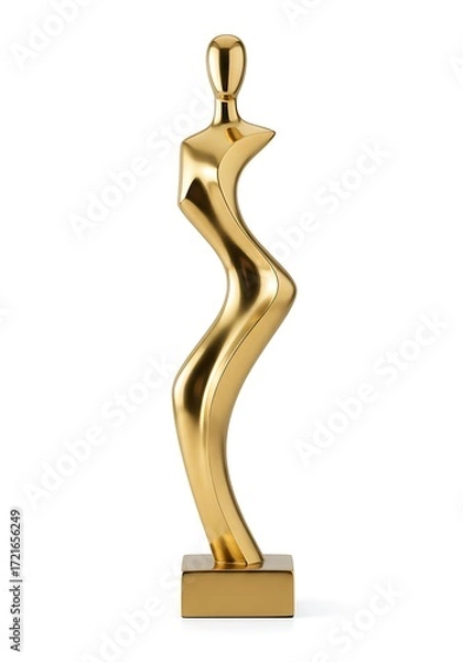 Fototapeta A sleek, modern, abstract golden sculpture of a stylized human figure with flowing curves, standing on a rectangular base against a clean white background.