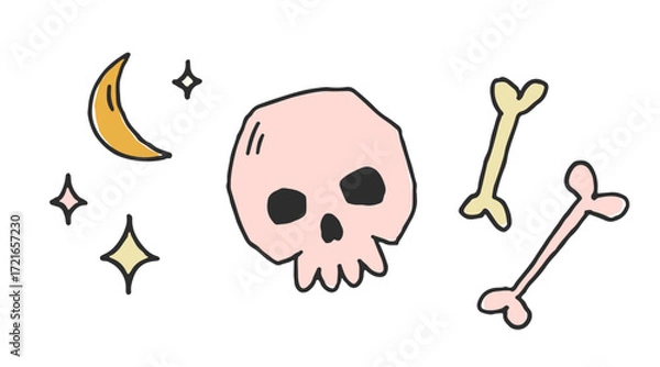Fototapeta Cute hand drawn vector skull, bones and stars in flat style. Halloween scary elements. Whimsical halloween skull isolated on white for holiday design, posters. Flat cartoon illustration