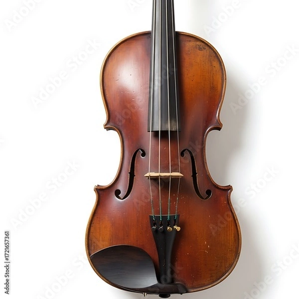 Obraz A close-up shot of a classic wooden violin with a rich brown finish, showcasing its intricate details and elegant curves against a white background.