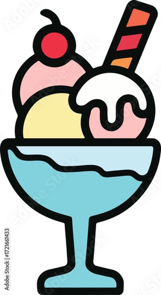 Fototapeta Ice Cream Sundae Cartoon Illustration with Cherry, Sauce, and Wafer Stick Vector Illustration