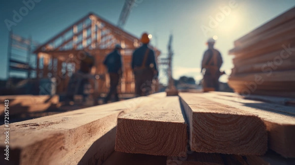 Fototapeta Construction site with wooden planks in foreground, workers in hard hats collaborating on building framework, showcasing teamwork and dedication to craftsmanship in a vibrant outdoor setting