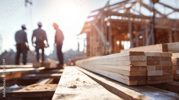 Fototapeta Construction workers on a building site, silhouetted against the sun, with stacked wooden planks in the foreground, showcasing teamwork and dedication in the construction industry