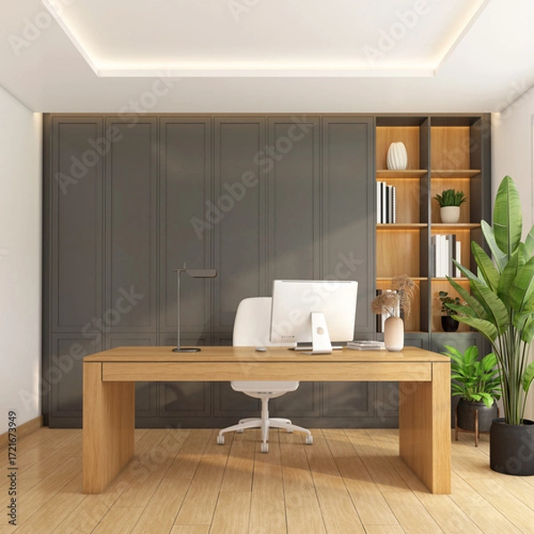 Obraz Modern minimalist manager room with built-in cabinet and wooden shelf, work desk and work chair, Green indoor plants on the side. 3d rendering