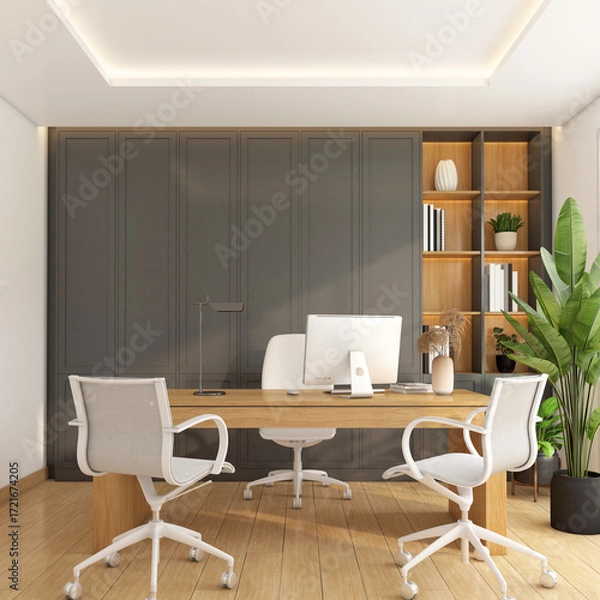 Obraz Modern minimalist manager room with built-in cabinet and wooden shelf, work desk and work chair, Green indoor plants on the side. 3d rendering