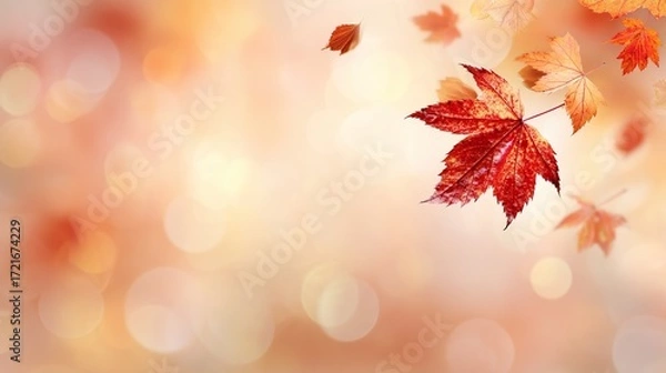 Fototapeta A blurred autumn background with space available for text, showcasing bright autumn leaves, featuring red and orange maple leaves as key elements of the season.