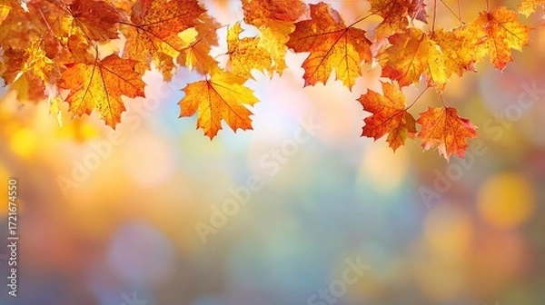 Fototapeta A blurred autumn background with space available for text, showcasing bright autumn leaves, featuring red and orange maple leaves as key elements of the season.