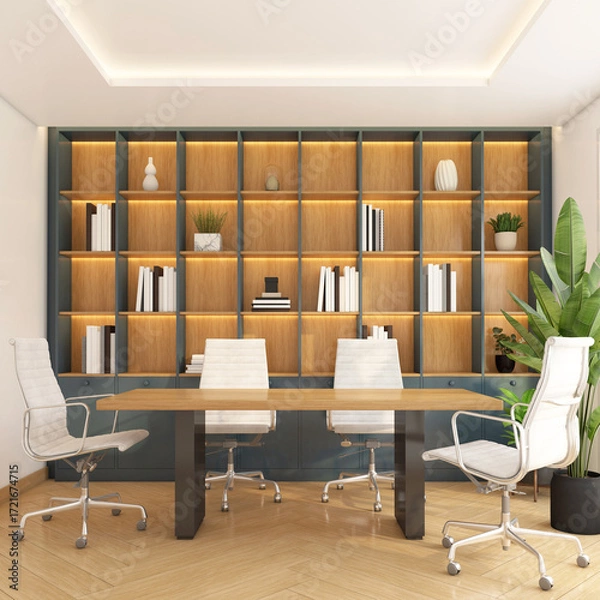 Obraz Modern minimalist meeting room with built-in cabinet and wooden shelf, work desk and work chair, Green indoor plants on the side. 3d rendering
