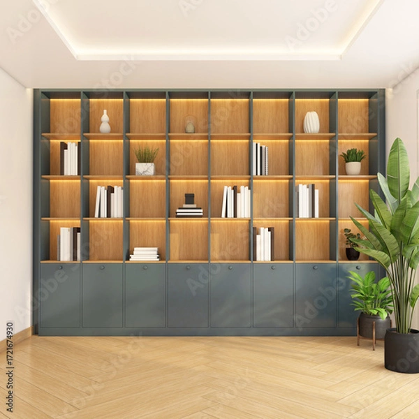 Obraz Modern minimalist empty room with built-in cabinet and wooden shelf, Green indoor plants on the side. 3d rendering