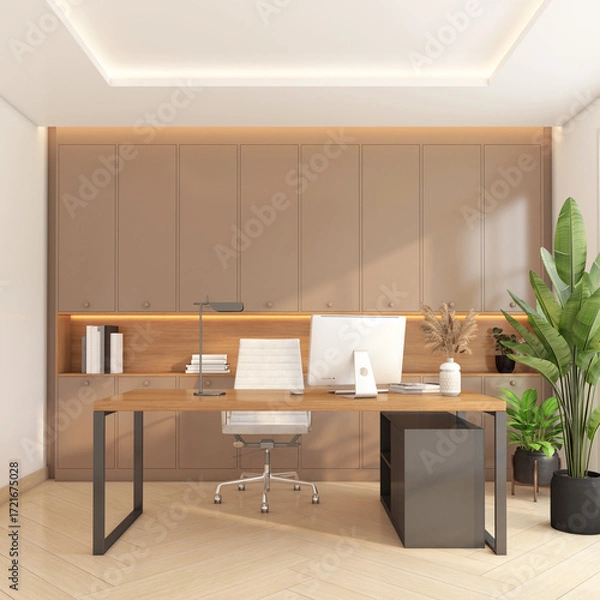 Obraz Modern minimalist manager room with built-in cabinet and wooden shelf, work desk and work chair, Green indoor plants on the side. 3d rendering