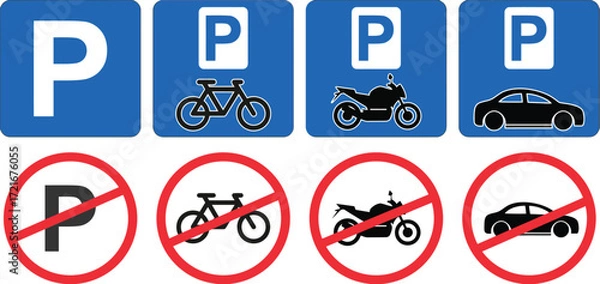 Fototapeta A comprehensive set of parking and no-parking signs for various vehicles, including cars, motorcycles, and bicycles, perfect for urban design and transportation.

