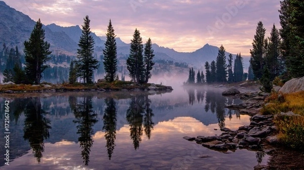 Fototapeta Serene Landscape with Reflection of Trees and Mountains at Sunrise