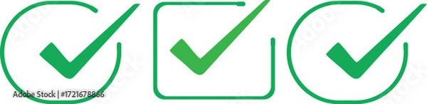 Fototapeta  A set of three green checkmark icons in different styles, including a circle, a square, and a bold stroke, representing completion, success, and approval.