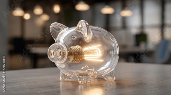 Fototapeta Transparent Piggy Bank with Lightbulb Inside on Wooden Table