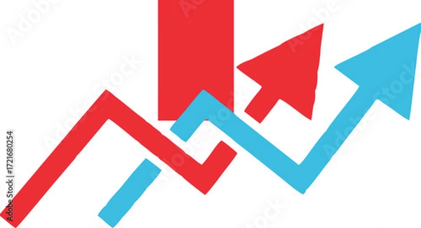 Fototapeta A red and blue graph with two intertwined upward-trending arrows, symbolizing business growth, financial success, market increase, and positive development.

