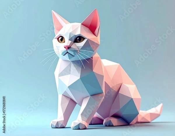 Fototapeta Low-poly pastel cat sitting on soft gradient, geometric 3D render