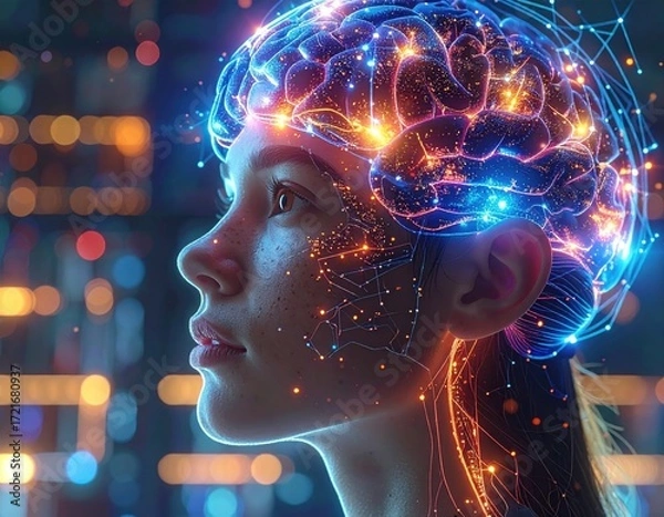 Fototapeta Side profile with glowing brain and neural network