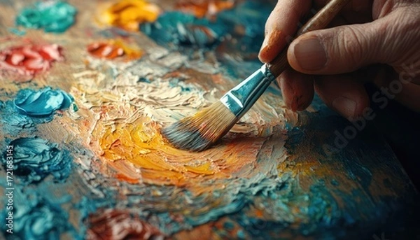 Fototapeta Close-up of a hand holding a brush mixing colorful oil paints on a palette. Illustrates art, creativity, or the process of painting masterpieces.