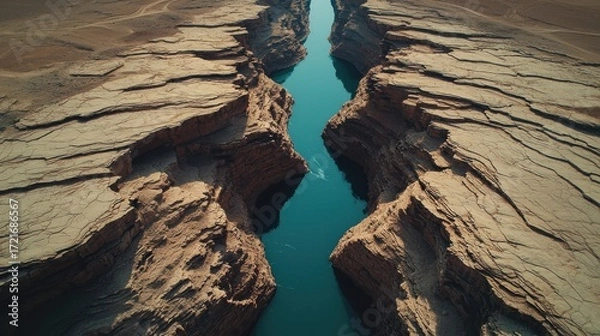 Fototapeta Aerial view of a stunning canyon with turquoise water flowing between rocky cliffs.