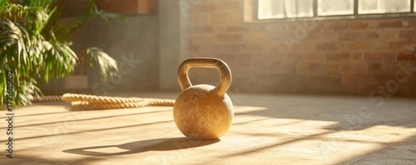 Fototapeta A kettlebell rests on the wooden floor, illuminated by soft sunlight from the window.