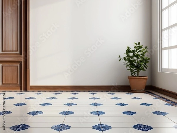Fototapeta Bright and inviting room with patterned floor and indoor plant.