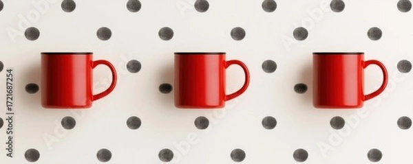 Fototapeta Three red mugs placed on a polka dot surface, perfect for coffee or tea lovers.