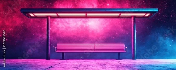 Fototapeta Futuristic bus stop in a cosmic setting with vibrant colors and ethereal atmosphere.