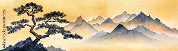 Fototapeta Serene mountain landscape with delicate trees and soft hues under a beautiful sky.