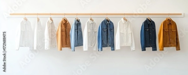 Fototapeta Colorful jackets hanging stylishly on a wooden rack against a minimalist backdrop.