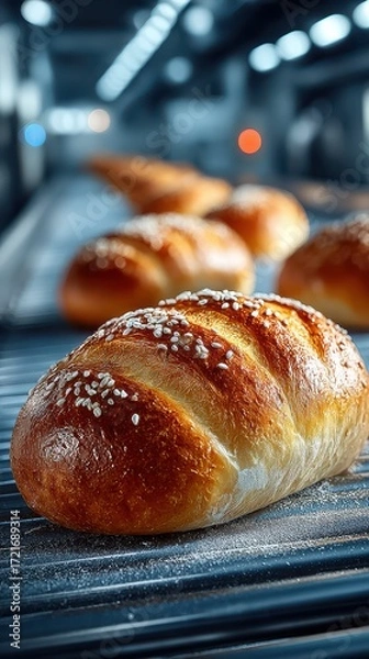 Fototapeta Freshly baked bread rolls cooling on a rack in a bakery during the early morning hours of a busy day