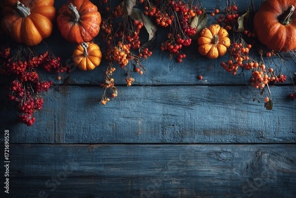 Obraz A cozy autumn arrangement featuring vibrant pumpkins and berries on a rustic blue wooden background.