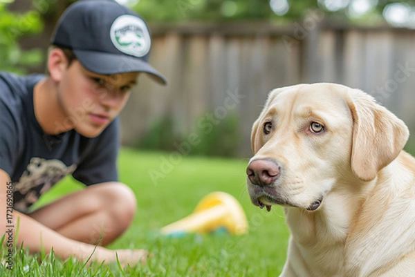 Fototapeta Young boy with a baseball cap is playing with a friendly yellow Labrador retriever in a lush green backyard, showcasing a joyful moment of companionship and outdoor fun