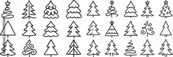 Fototapeta Hand-drawn Christmas tree icons in black outline, minimal doodle style, black and white collection for holiday design projects. Festive Holiday Tree Doodle Line Art Set. Vector illustration