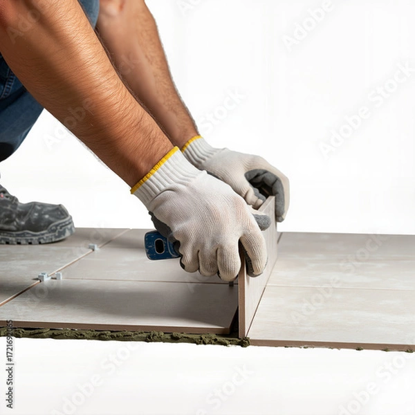 Fototapeta Worker aligning ceramic tiles on floor with precision gloves - Concept of Repair and finishing  
