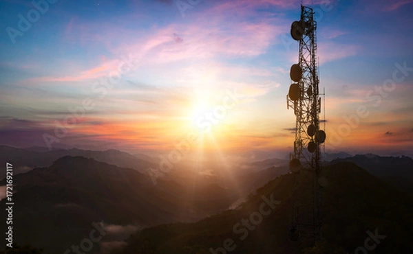 Obraz Telecommunication tower with blue sky and cloud background,communication concept.