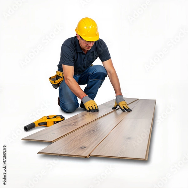 Fototapeta Young man installing laminate flooring while kneeling on the ground - Concept of Repair and finishing  