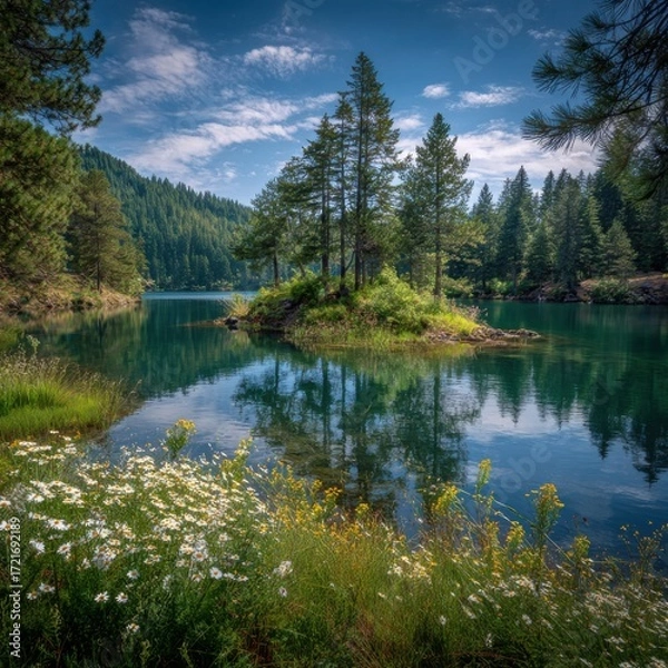 Obraz Serene lake scene with island and wildflowers. A tranquil landscape with a calm lake, reflecting the sky and trees, and a small island covered in greenery.  Wildflowers bloom along the shore