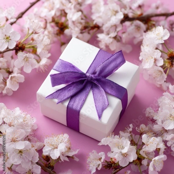 Obraz A delicate white gift box with a purple ribbon, surrounded by blossoming cherry blossoms on a pink background