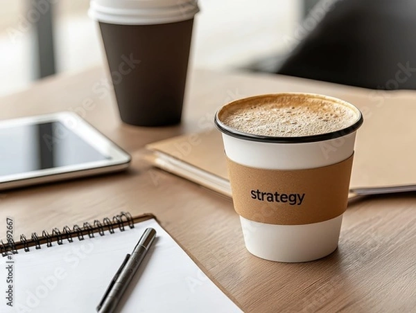 Fototapeta A coffee cup on a table with a notepad and tablet, symbolizing productive workspace.