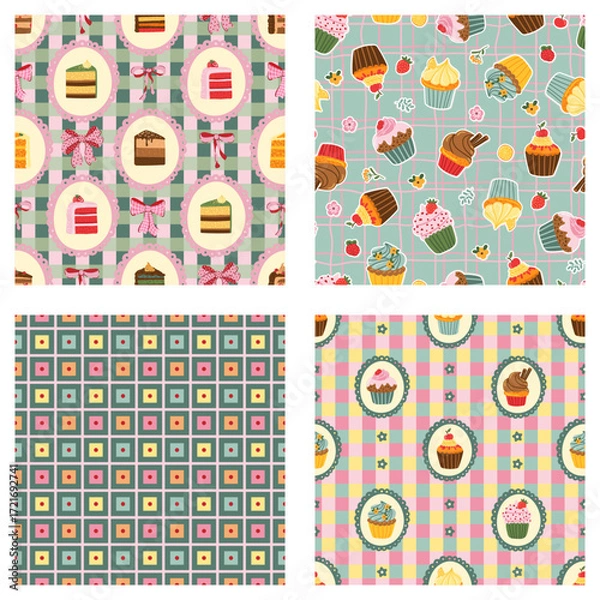 Fototapeta Piece of cake Checkerboard tartan retro background pastel tones seamless pattern Coquette Bow set