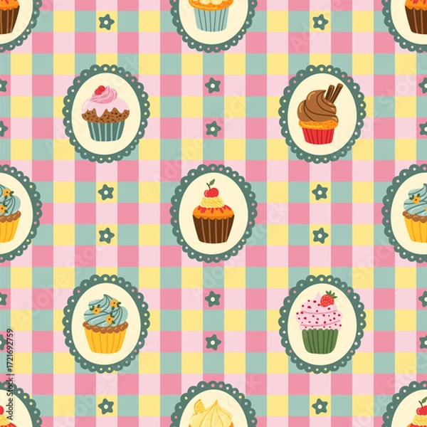 Fototapeta Cupcake Checkerboard tartan retro groovy background pastel tones seamless pattern