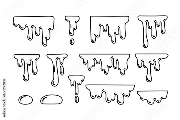 Fototapeta melted Honey dripping contour set. Sticky sweet dripping spot flowing sugar syrup oil viscous liquid