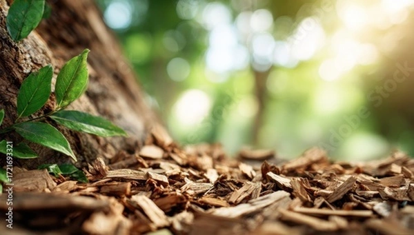 Obraz Close-up of wood chips at tree base, bokeh background