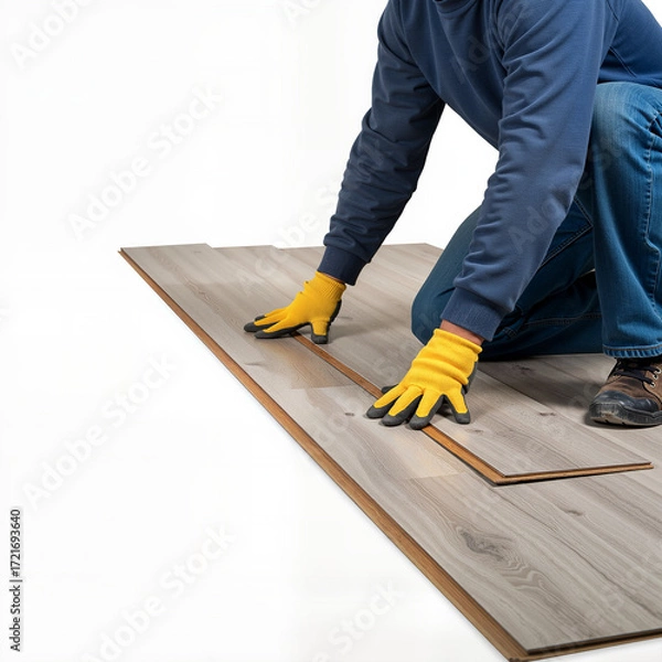 Fototapeta Man kneeling and installing laminate flooring in a bright space  