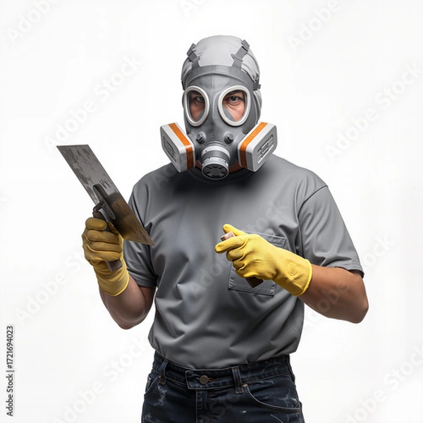 Fototapeta Plasterer wearing respirator mask and gloves while holding trowel  