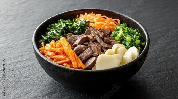 Fototapeta Delicious bibimbap served in a black bowl with fresh vegetables and beef.