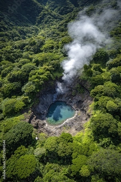 Fototapeta A vibrant, lush green forest canopy surrounds a steaming, turquoise pool nestled in a volcanic crater.