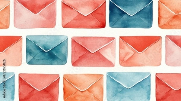 Fototapeta Colorful watercolor envelopes arranged in a stylish pattern for creative design projects.